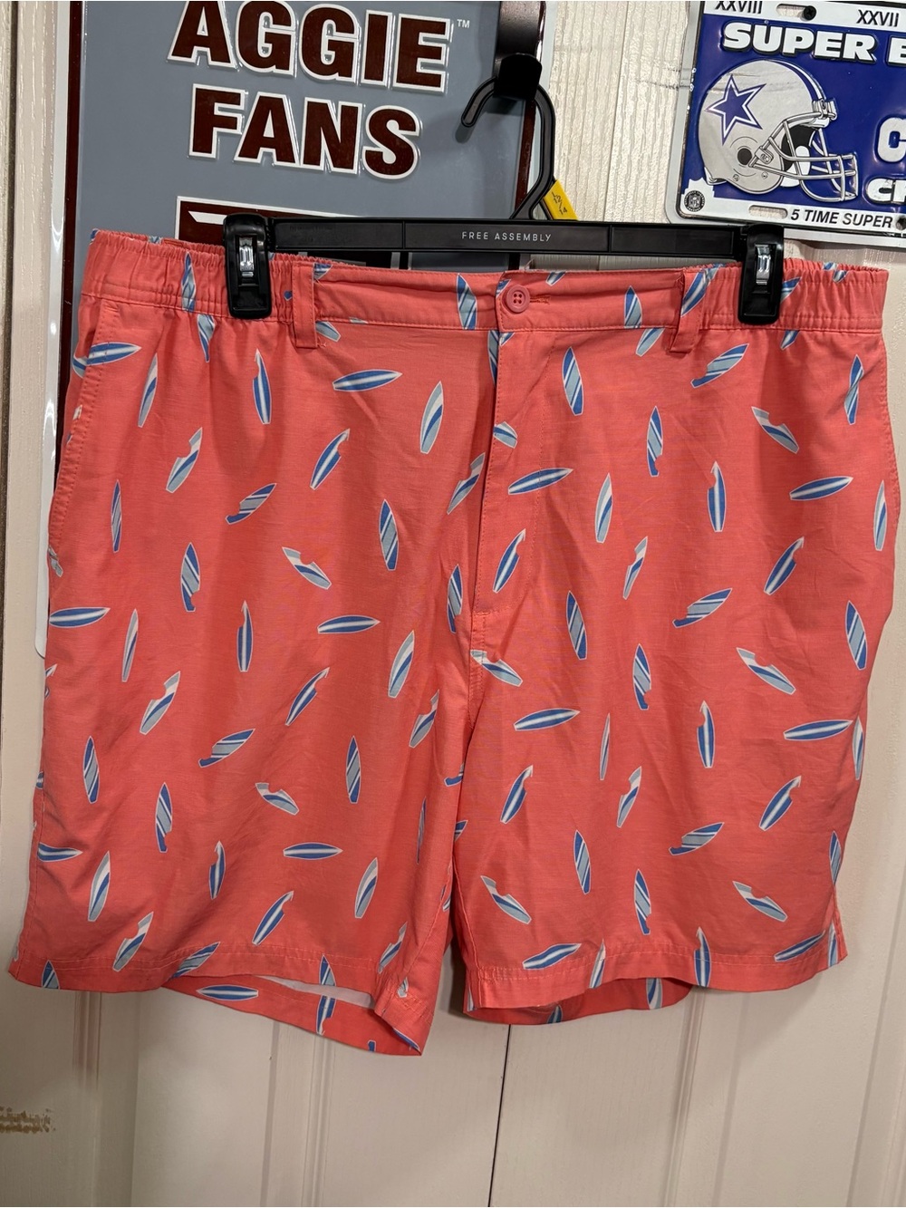 Tackle & Tides Coral Men’s Swim Trunks with Blue Surf Pattern